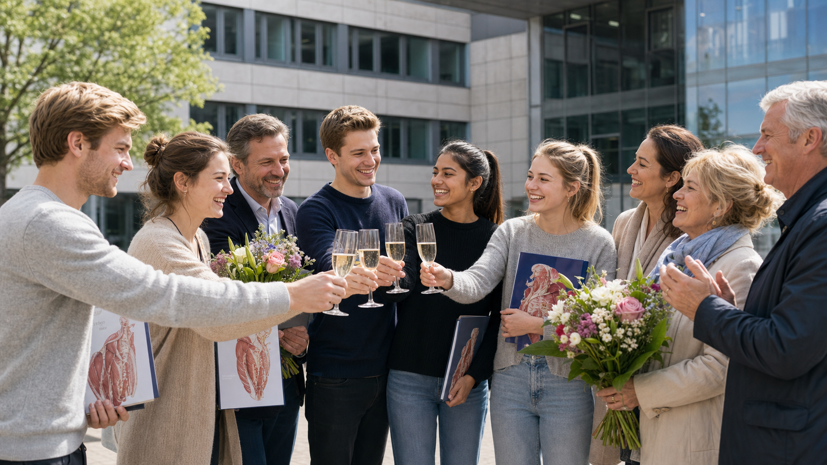Studierende stoßen gemeinsam an und feiern die bestandene Prüfung