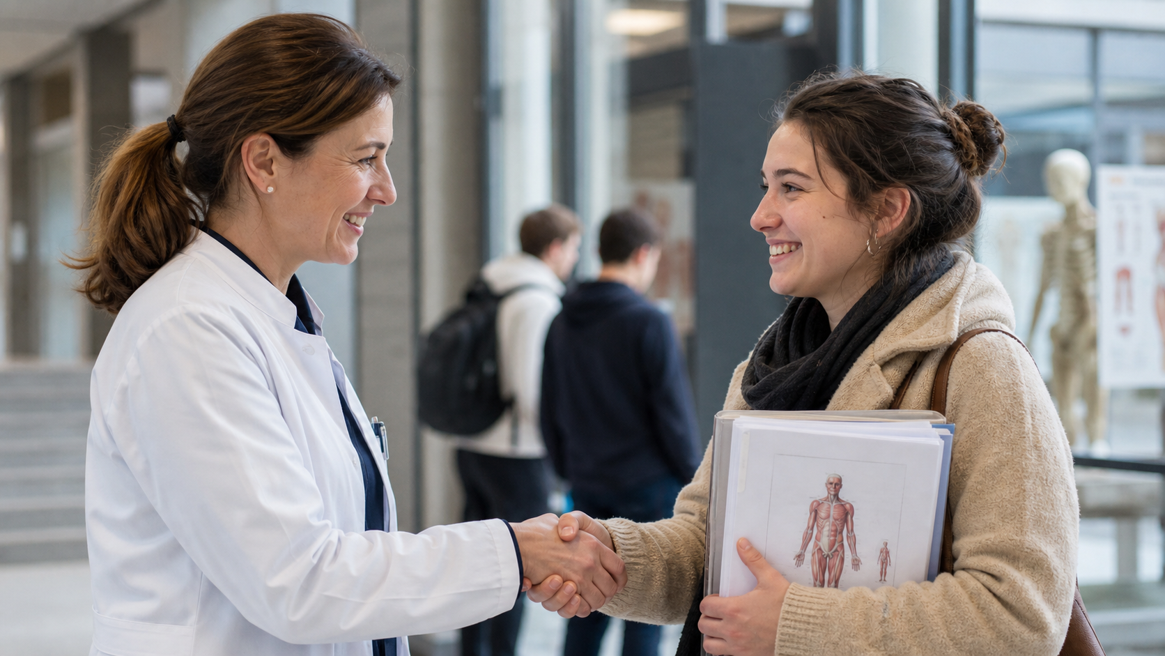 Prüferin gratuliert einer Studentin nach erfolgreich bestandener mündlicher Prüfung