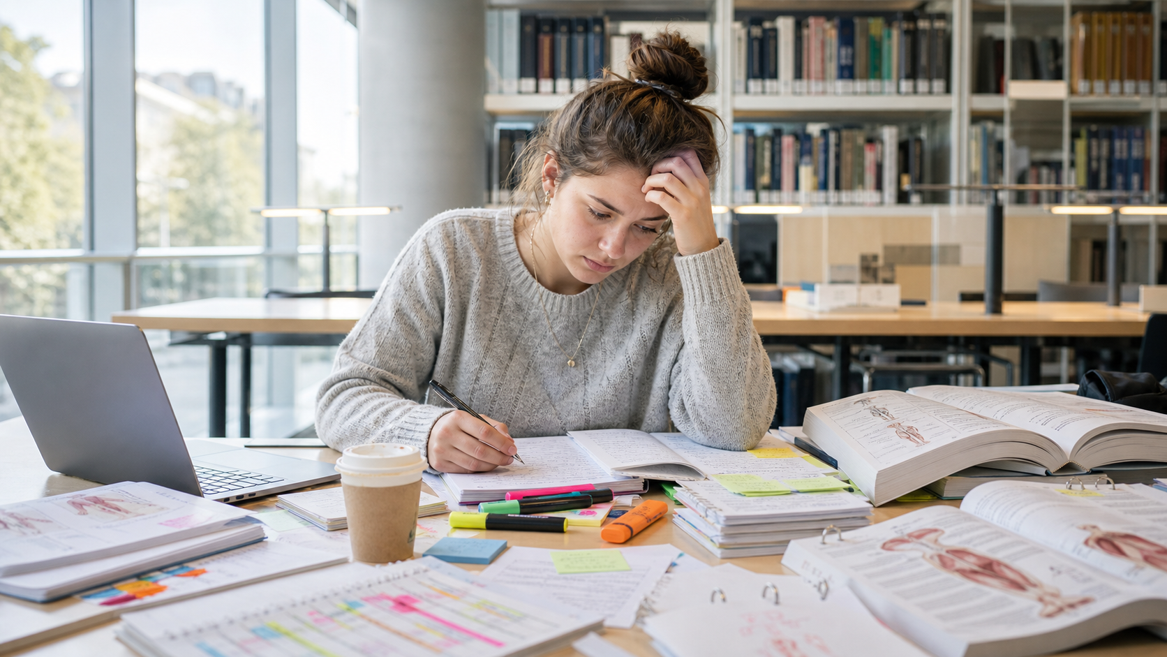 Studentin lernt gestresst in der Bibliothek vor Büchern und Notizen